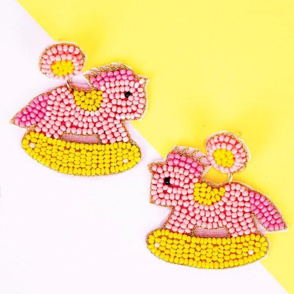 VIOLA Baby Girl Pink Rocking Horse Seed Bead Earrings NWT